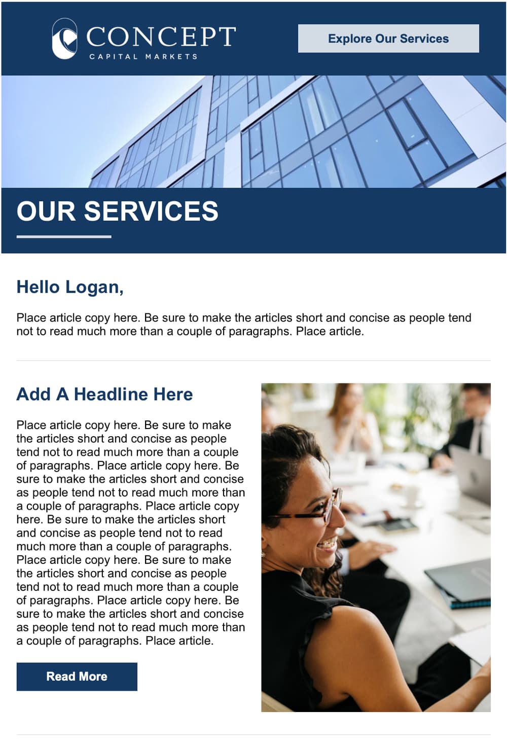 Example of a branded email campaign designed for a capital markets firm